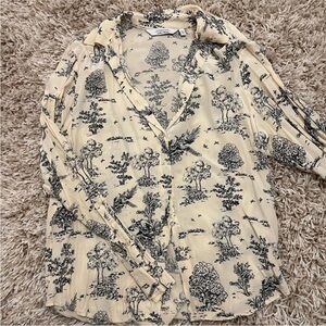 Cream Scenic Print Button-Down Blouse